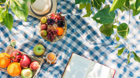 A plantbased picnic blanket with a variety of natural foods and a book on a beach with grass patterns, creating an artistic and relaxing atmosphere AIG50の素材