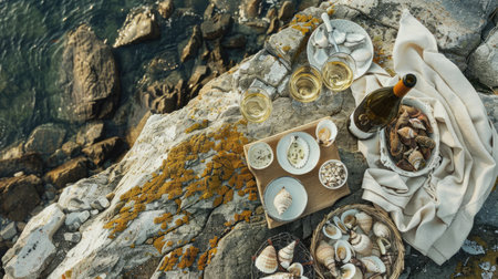 Aerial view of a picnic on a rocky cliff by the ocean, surrounded by water, plants, rocks, and natural materials creating a beautiful pattern resembling an underwater art piece AIG50の素材