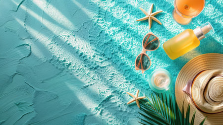 A plastic bottle of sunscreen, stylish sunglasses, a soft towel, and colorful seashells placed on an electric blue surface resembling a swimming pool AIG50の素材