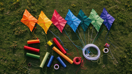 A collection of triangular kites resting on the vibrant grass in a picturesque landscape. A leisure event filled with fun and art in the lush grassland AIG50の素材