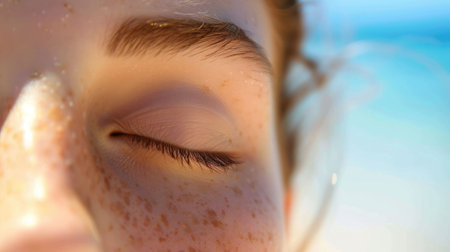 The close up picture of the person is relaxing at beach with calm and peaceful on face, the meditation require concentration, patience, relaxation, awareness, mindfulness, emotion management. AIG43.の素材