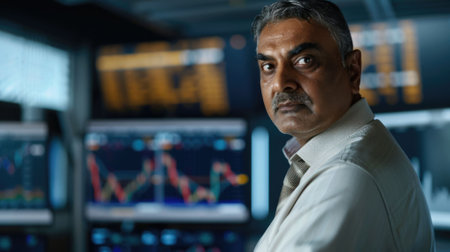 The picture of the indian male financial adviser working inside office about finance, the financial adviser require skills like investment management, financial planning and market analysis. AIG43.の素材