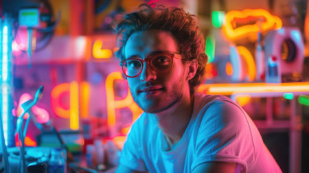 The picture of the neon light artist is working inside workshop that filled with colourful light, the neon light artist require skill like creativity, electrical knowledge and safety awareness. AIG43.の素材