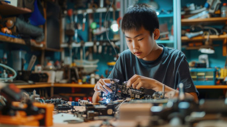 The picture of the east asian male teenager is working on the mechanical robot in his own workshop, the technician also require skill like technical knowledge, time management and experience. AIG43.の素材