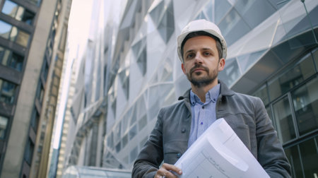 The picture of urban architect hold blueprint that planning building to create, the building designer or urban architect require architecture knowledge, planning, communication and management. AIG43.の素材