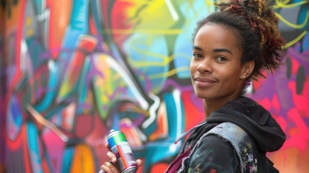 The picture of the graffiti artist is spraying the painting on wall with colourful colours, the graffiti artist require skill like painting technique, creativity, colour theory and experience. AIG43.の素材