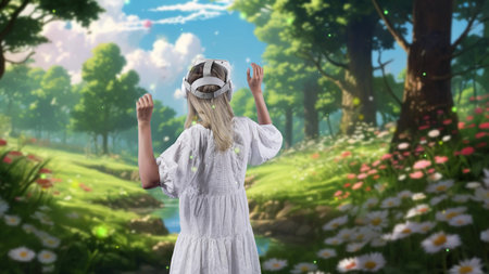 Impressive woman looking through VR in wonderland bokeh circle falling metaverse in wildflower...