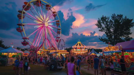 A lively carnival at dusk, Ferris wheel lights against the twilight sky, happy faces of families enjoying rides and games. Resplendent.の素材