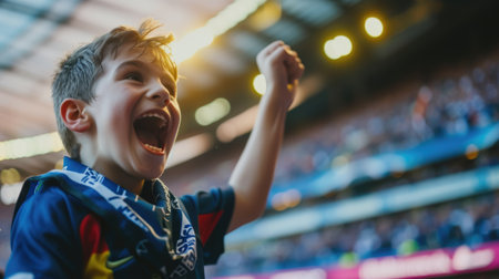 A young fan at a soccer championship raises his arms in excitement, adding to the energetic gestures of the crowd, creating a fun and happy atmosphere at the event. AIG41の素材