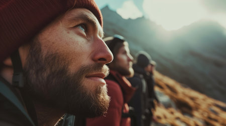 A group of travelers hiking up a beautiful mountain, surrounded by natural landscapes filled with plants, grasslands, and hills, under a vast sky. AIG41の素材