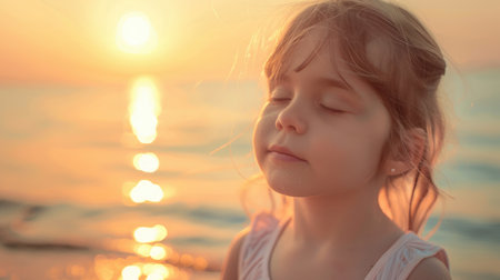 A happy little girl sits on the beach with her eyes closed, feeling the warmth of the sunlight on her face. Her nose wrinkles in a smile as she listens to the water and feels the breeze in her hair AIG50の素材