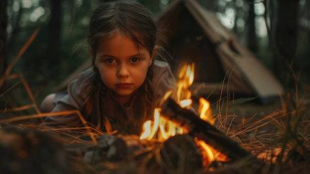 A young girl sits by the fire, her nose glowing in the electric blue light. The flickering flames cast shadows on her eyelashes, creating an artful scene of warmth and comfort AIG50の素材