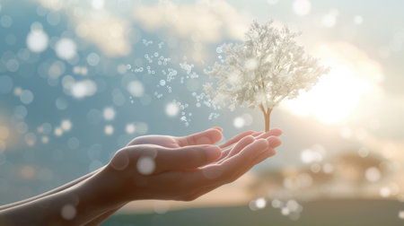 Conceptual image of a tree flourishing from soil held in human hands, symbolizing growth and environmental care. AIG41の素材