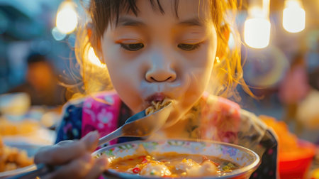 A toddler is enjoying a meal from a bowl at the table. The snapshot captures the fun of eating together and sharing food with a baby AIG50の素材