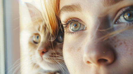 A Felidae and a woman gaze out the window, their noses almost touching. The cats iris dilates as it spots a fawn outside. The womans jaw drops in awe at the felines carnivorous gesture AIG50の素材