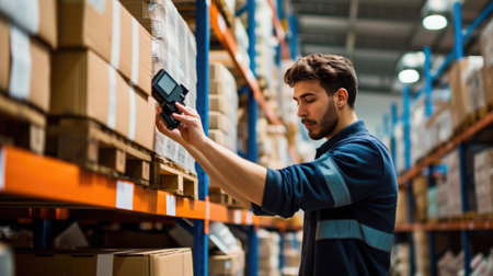 Focused logistics specialist with protective eyewear scans barcodes on packages in a well-organized warehouse. AIG41の素材