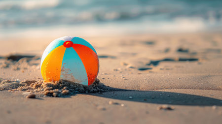 An electric blue beach ball rests on the sandy shore, adding a pop of color to the natural landscape surrounded by grass and soil. A fun fashion accessory for beach recreation AIG50の素材