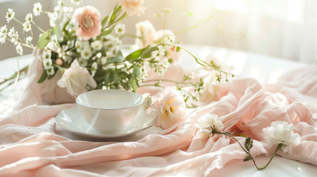 A beautifully arranged table featuring plates, silverware, and a stunning centerpiece of flowers including roses. The peachcolored petals add a touch of elegance to the creative arts display AIG50の素材