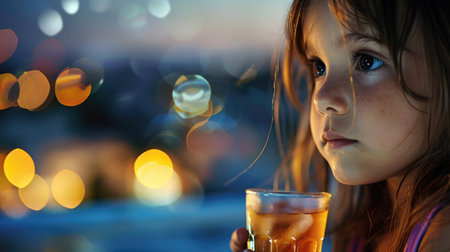 A thoughtful young girl with a cup of juice against a blurred bokeh background. AIG50の素材