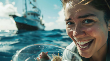 A woman with a smile on her face is holding a crayfish in front of a boat on the water. Her gesture suggests a joyful travel experience on the lake, admiring the naval architecture of the watercraft AIG50の素材