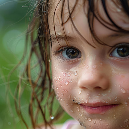 The little girls nose pressed against the cold window, raindrops streaming down her forehead, soaking her cheek. Her lips parted in awe as water trickled down the glass AIG50の素材