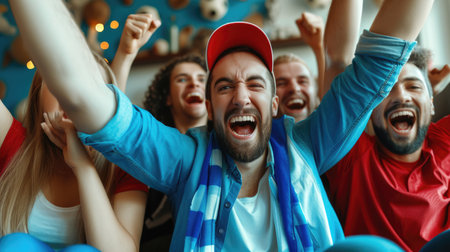 A crowd of fans in the stadium joyfully watches the soccer game, entertained by the players' gestures, smiling and having fun. AIG41の素材