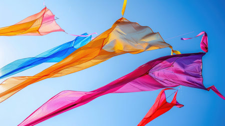 Fluid electric blue ribbons dance in the wind against a peachcolored sky, a masterpiece of nature resembling a painting inspired by marine biology AIG50の素材