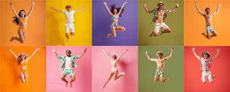 Summer people collection set, diverse people jumping on colorful background, many people funny jump wearing summer outfit fashion ready for swim and summer activity, summertime, beachwear AIG48の素材