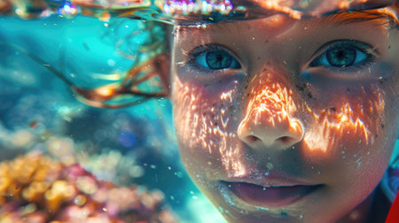 A young girl with diving equipment and a mask is exploring the underwater environment, swimming in the ocean to observe marine organisms and practice underwater diving AIG50の素材