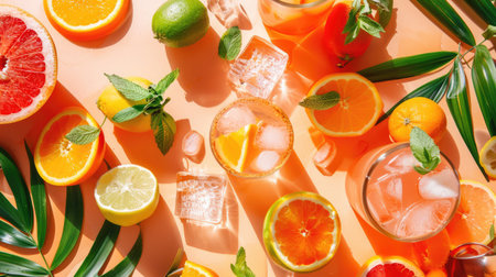 The table is adorned with a variety of fruits and leaves, including Rangpur, Hardy kiwi, and oranges. These natural foods can be used as ingredients in recipes AIG50の素材