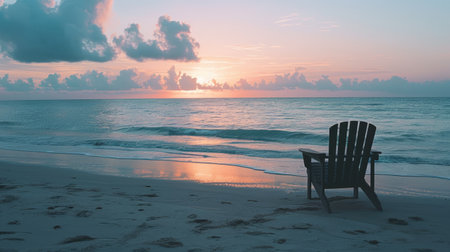 A chair is placed on the beach at dusk, with water reflecting the colorful sky and clouds as the sun sets over the horizon, creating a serene landscape AIG50の素材