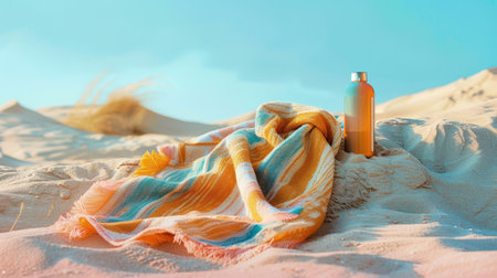 Under the vast sky and surrounded by nature, a towel and a bottle of sunscreen are left on the sandy beach, next to a watercraft and a beautiful landscape of grass and clouds AIG50の素材