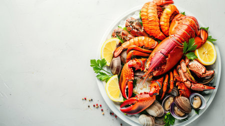 A dish of seafood featuring lobsters, shrimp, clams, and lemon slices presented on a table with exquisite tableware and garnished with leafy vegetables AIG50の素材
