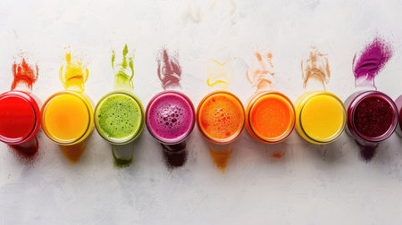 A row of glass jars filled with different colored liquids, such as magenta, on a table, featuring a stylish fashion accessory with plant petal motifs AIG50の素材