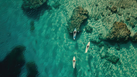 A mesmerizing aerial view of two kayakers gliding through the electric blue waters of the ocean, surrounded by marine life and underwater landscape AIG50の素材