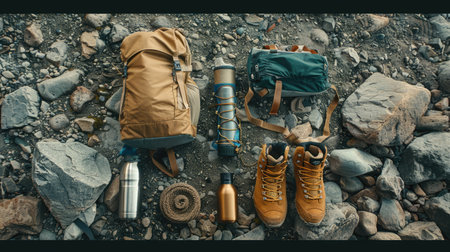 Hiking boots and gear ready for an outdoor adventure, set against a rocky terrain. AIG50の素材