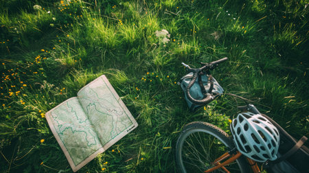 A bicycle, helmet, and map are scattered in the grass, surrounded by the peaceful sounds of nature. A wheel and tire peek out from beneath the foliage AIG50の素材