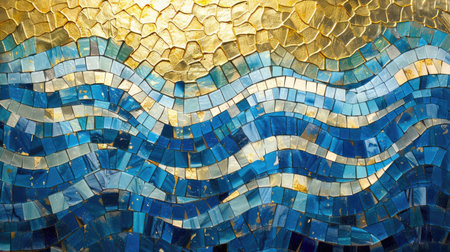 An artistic representation of azure and gold waves in the ocean, inspired by the natural landscape of an Ecoregion with mountainous landforms AIG50の素材