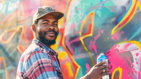 The picture of the colorful wall that has been painted or sprayed by the adult urban muralist, the muralist require skills like color theory, painting techniques, creativity and collaboration. AIG43.の素材