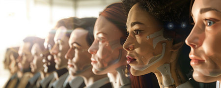 The picture of the group of the people and robot that standing next to each other that come from the various jobs, the different race gathering together that stand for the unite and teamwork. AIG43.の素材