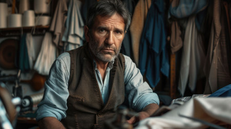 A picture of the tailor working inside the workshop measuring, design, customize and sewing a cloth, the tailor require attention to detail, creativity, communication skill and solving ability. AIG43.の素材