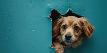 Close up view picture of the hollow blue hole on the the wall that show the dog stay inside the wall that has been made from some material yet still can break to look through the other side. AIGX03.の素材