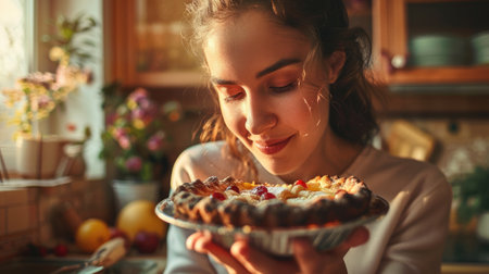 A woman is enjoying a piece of freshly baked pie on a tartan plate, savoring the flaky crust and tasty filling as she chews with satisfaction AIG50の素材