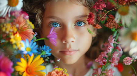 A girl with blue eyes framed by a vibrant wreath of summer flowers. AIG50の素材