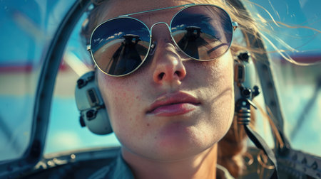 A woman with sunglasses and headphones is sitting in the cockpit of a plane, her face hidden behind the goggles. Her hair is pulled back as she prepares for takeoff AIG50の素材