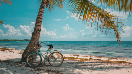 A bicycle with its tire against a palm tree on the beach, under a cloudy sky with water in the background, blending with nature AIG50の素材