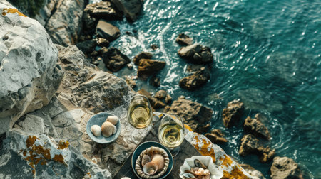 Aerial view of a picnic on a rocky cliff by the ocean, surrounded by water, plants, rocks, and natural materials creating a beautiful pattern resembling an underwater art piece AIG50の素材