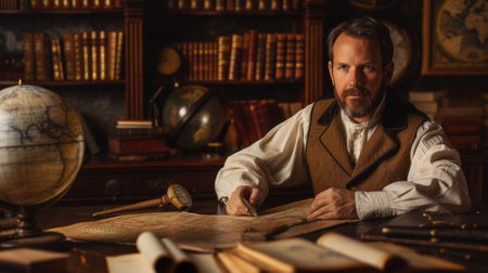 The picture of the cartographer working inside the workshop doing about mapping the map of the world on table, topography need skills like map reading, data analysis and accurate information. AIG43.の素材