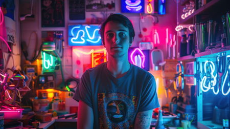 The picture of the neon light artist is working inside workshop that filled with colourful light, the neon light artist require skill like creativity, electrical knowledge and safety awareness. AIG43.の素材