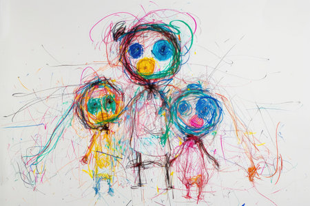 The hand drawing colourful picture of the group of the human family that has been drawn by the colored pencil, crayon or color chalk on the white background that seem to be drawn by the child. AIGX01.の素材
